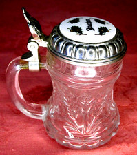 Glas Schnapsstamper  mit Deckel aus Zinn, Aufschrift Joachim