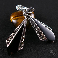 925 Silber Ohrringe Ohrhänger mit Onyx & Markasiten Antiker Art Déco Stil