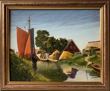 Ölbild Naturalist Fischerboote am Haff Kurische Nehrung Nidden signiert um 2000