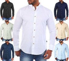 Carisma Herren Leinen Baumwoll Mix Stehkragen Hemd uni langarm regular fit 8389