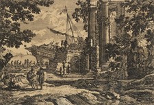 Ruinen vor Hafen mit Segelschiff, um 1750, Kupferstich Unbekannt (18.Jhd)