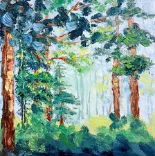 Waldlandschaft Ölmalerei 13x13 cm Kunst Bäume Original Ölgemälde auf Karton