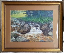 Aquarell mit Passepartout, Glas, gerahmt,  Bachlauf  signiert Richard Schroeter