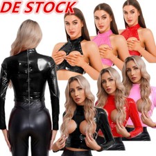 DE Damen Wetlook Unterwäsche Korsett Corsage Busenfrei Top Neckholder Clubwear