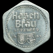 BIERMARKE: "Pfand für 1 Träger Leergut". BRAUEREI HASEN-BRÄU AUGSBURG / BAYERN.