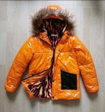 Jungen Winterjacke Gr. 152 Orange Glänzend Fell Jacke gefüttert Steppjacke TOP
