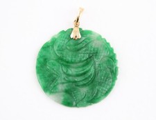 Großer Natur Jade Anhänger - Echte Jardin Jade Schnitzerei und Gelbgold - 50mm