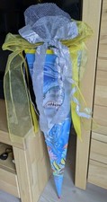 Schultüte "Hai" 85 cm 6-eck blau mit Glitzer inkl. Schleife  Fa. ROTH - WIE NEU