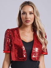 DE Damen Pailletten Jacke Bolero Festlich Party Kurzarm Open Front Cardigan Top