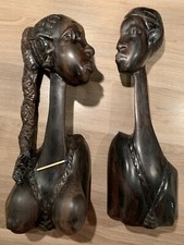 2 Afrikanische Büsten, Skulptur, Holzfigur Mann + Frau, Ebenholz, handgefertigt