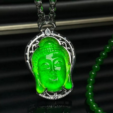 Certified Natural Ice Green Jade Jadeite Carved Buddha Head Pendant&Necklaces