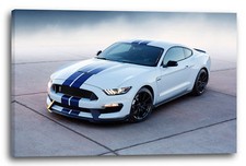 Lein-Wand-Bild: Autobilder Ford Mustang weiß mit blauen Streifen