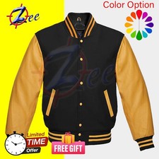 Real Leather & Wool Varsity Jacket – Yellow Golden Letterman Bomber ?