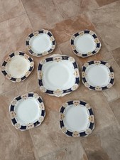 Antik Colclough Porzellan Teller Set Art Deco Blau Gold Floral Achteckig England