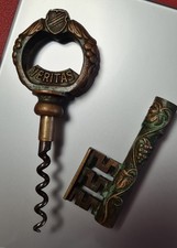 Alter Vintage Korkenzieher 14cm, Schlüssel m. Wappen aus Bronze, grün Patiniert 