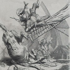 Don Quijote Adolph Schroedter Kampf mit den Windmühlen Radierung 19 Jh