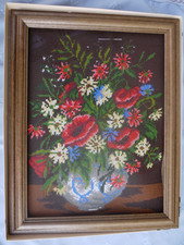 Stickbild groß mit Holzrahmen, Motiv Blumen Gobelin, Stramin bemalt, Stickwolle