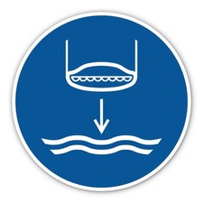 Rettungsboot fieren beim Aussetzvorgang, Gebotszeichen: M039 - DIN EN ISO 701...