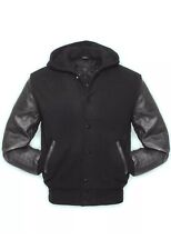 Baseball Bomber Varsity Letterman Solid Black Wool & Leather Slevees Jacket 2XL 