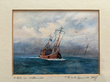 Kutter Im Wattenmeer- Aquarell, signiert R. W. H. Schmidt- Heyl
