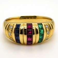 18K 750 Gelbgold 0,522 Ct. Smaragd Rubin Saphir Diamant Ring RG 56 Design Damen