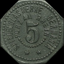 NOTGELD: 5 Pfennig. SPIEGELGLASWERKE GERMANIA - PORZ AM RHEIN ⇒ KÖLN.