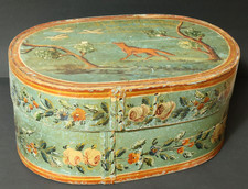 Alte 45cm gr. Biedermeier Spandose Spanschachtel Volkskunst Fuchs Hutschachtel