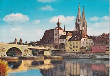 Alte Postkarte - Regensburg - Donaupartie mit Blick zum Dom
