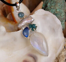 Extrem Schlicht Groß 925er Silber Kettenanhänger Boulder Opal Multistone Apatit