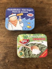 HABA Fischstäbchen &  Erzi Rahm-Spinat "Iglo" Blechdose Kaufladen Kinderküche