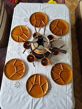 Fondue-Set 70iger Jahre 6 Pers drehbar Teller Saucenschälchen  kaum gebraucht