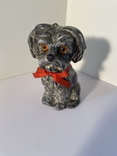 Vintage Hunde Spardose Terrier  Porzellan Grau Mit Schlüssel