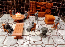 Tabletop Tavernen-Set : Schankmaid Bierfass-Golem Bardin Gäste + Mobiliar