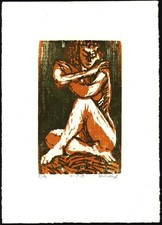 Krauskopf, Sitzender Akt in Orange und Grün. 83. Signierter Original-Holzschnitt