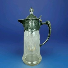L0660 Jugendstil-Saftkrug mit Kühleinsatz, geschliffenes Glas, Zinn Montierung