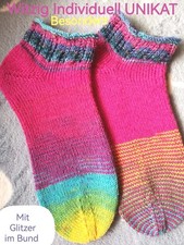 Gr 39 40 Sneakersocken Musterrand Handgestrickt Stricksocken Pink Bunt UNIKAT  