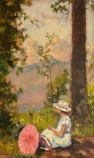 "Junge Frau mit Sonnenschirm am Waldrand" romantisches Ölgemälde