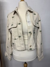 Damen Jeans Jacke Beige Mit Palmen Stickerei S M 