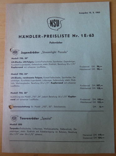 Original nsu preisliste - nsu, 1963
