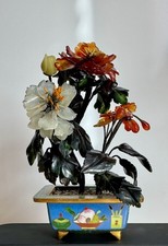 Jade-Bonsai Blumen Halbedelsteine Jade Karneol weisser Quarz Cloisonne China 