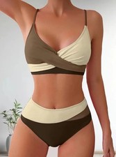 Bikini in Dunkelbraun&Beige–Wickeloptik&High-Waist-Design,Gr. M (38)