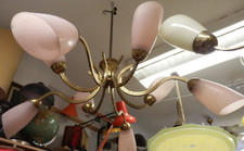 50er 60er Deckenlampe Kronleuchter Messing Glas 8 Schirme  mid century lamp 50s