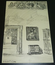 Renaissance Interieur Gemälde und Möbel Gemälde mit Signatur von 1953