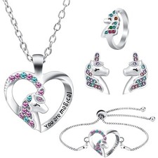 Schmuckset Mädchen Einhorn Kinderschmuck Halskette Armband Ring Ohrringe Gesc...