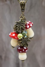 Pilze Fliegenpilz Herbst Kette Anhänger Bronze Perlen Lampwork Vintage #N021