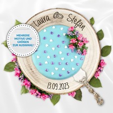 Tortenplatte aus Baumscheibe mit Lasergravur für Hochzeiten personalisiert