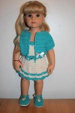 Puppenkleidung Strickkleid, Weste und Schuhe türkisblau für Puppen ca. 45cm