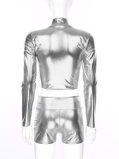 Damen Metallic Langarm Stehkragen Party Club Oberteil Einfarbig Wetlook Crop Top
