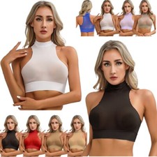 Damen Shirt Transparent Crop Top Rein Oberteil Ärmellos Weste Rückenlos Netz