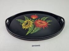 Tablett oval schwarz handbemalt Glas Klavierlack Blumen Griffe Vintage #2410445
